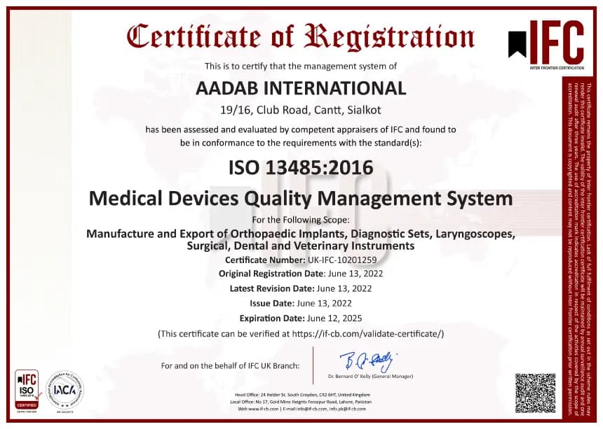 ISO 13485:2016 certificate for Aadab International